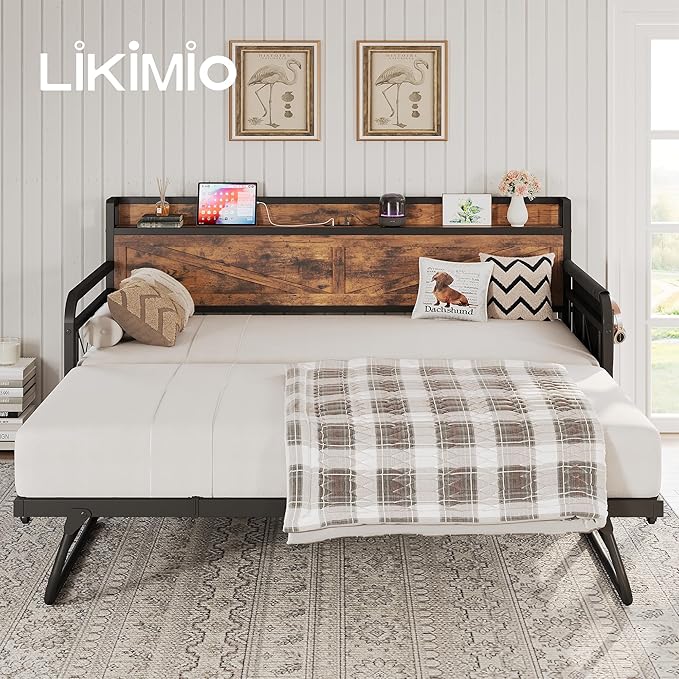 LIKIMIO Twin Daybed with Trundle Bed, Storage Headboard with Charging Station - Image 8