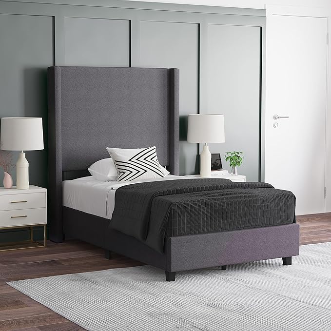 EMMA + OLIVER Nora Twin Size Faux Linen Upholstered Platform Bed by EMMAOLIVER