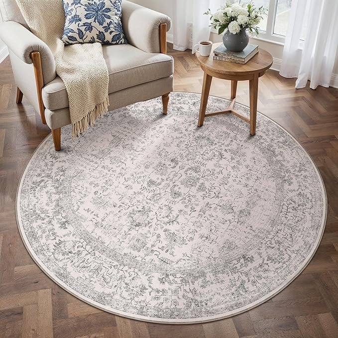 Grey Round Area Rug 3ft Entryway Door Mat Small Circle 3x3 Kitchen Vintage by PureCozy