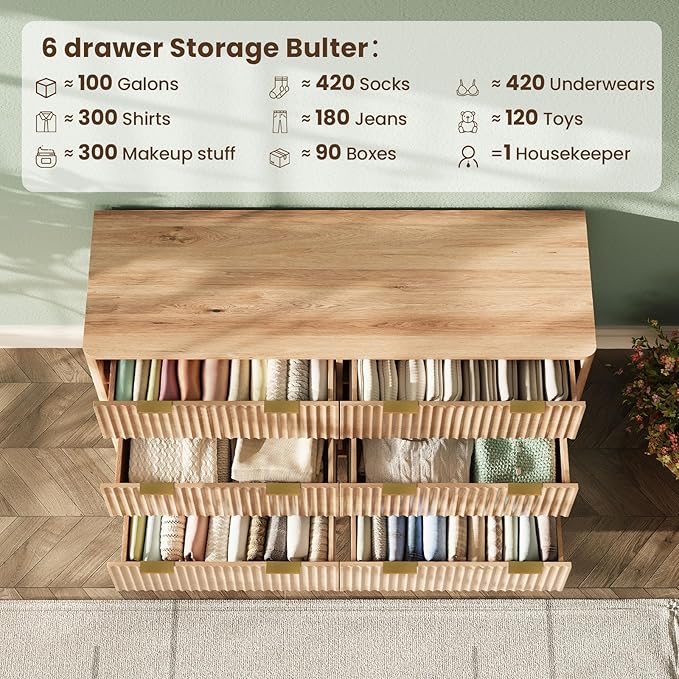 47'' Wide 6 Drawers Dresser for Bedroom, Modern Fluted Vertical Chest - Image 5