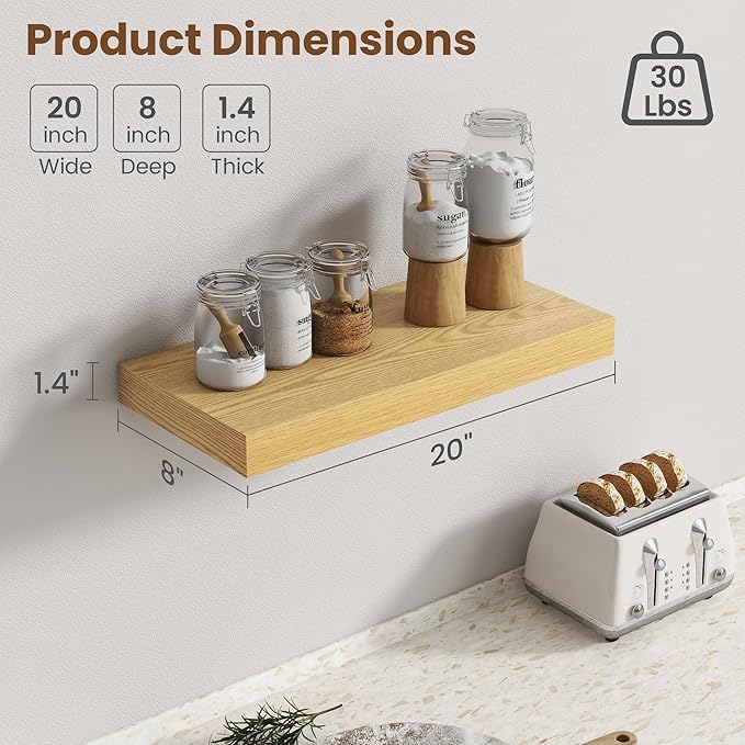 20 Inch Floating Shelves for Wall, 8 Inch Deep Floating Shelf for Storage & - Image 3