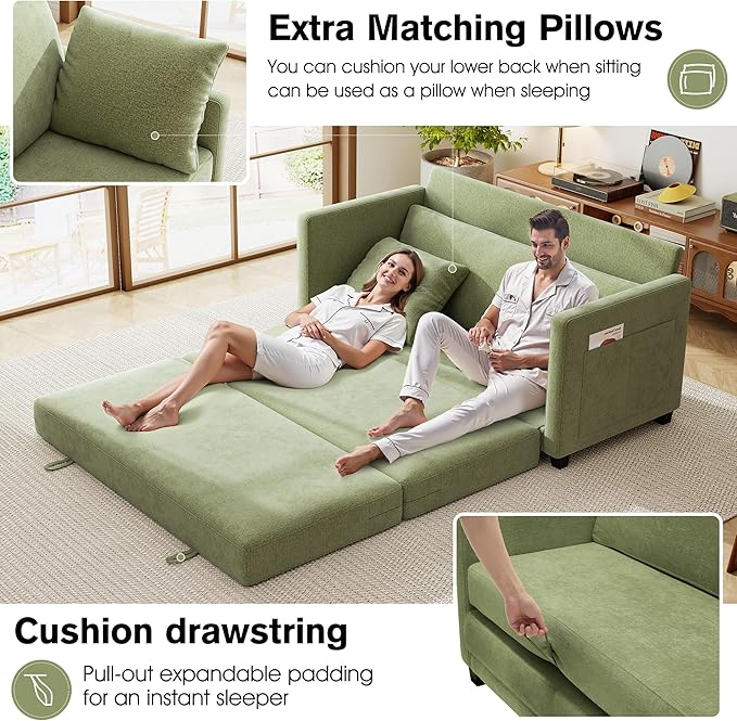 65" Loveseat Sleeper Sofa Bed, Chenille Convertible Floor Sofa Bed - Image 3