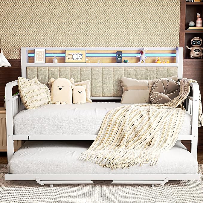 Daybed with Trundle and LED Light, Heavy Duty Metal Twin Bed Frame with - Image 4