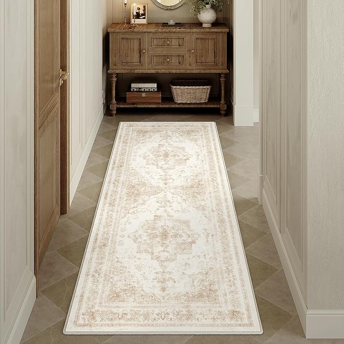 Runner Rug 2x5 Cream Hallway Washable Beige Carpet Non Slip Vintage Medallion - Image 6