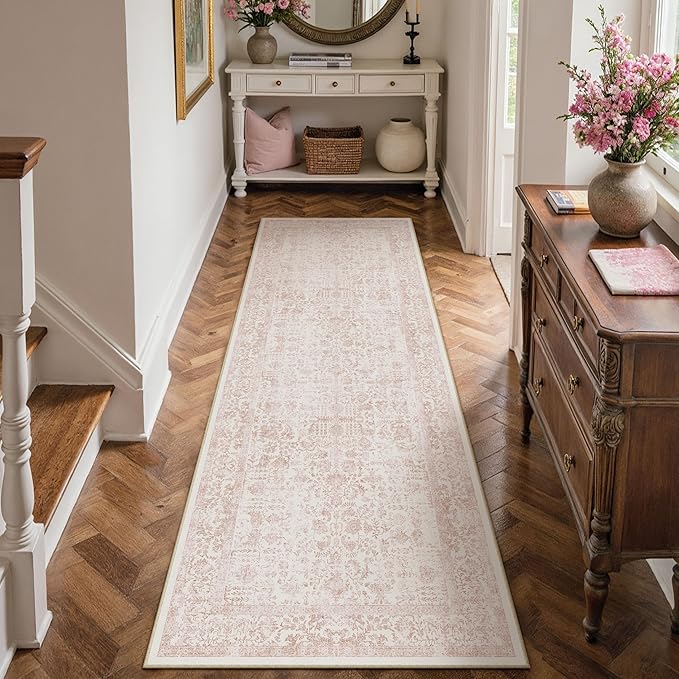 Pink Runner Rug 2x7 Hallway Machine Washable Kitchen Vintage Distressed Non by PureCozy