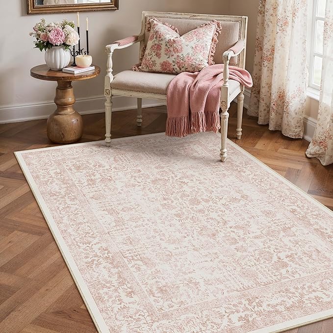 Pink Area Rug 4x5 Office Entryway Rug Machine Washable Kitchen Vintage - Image 6