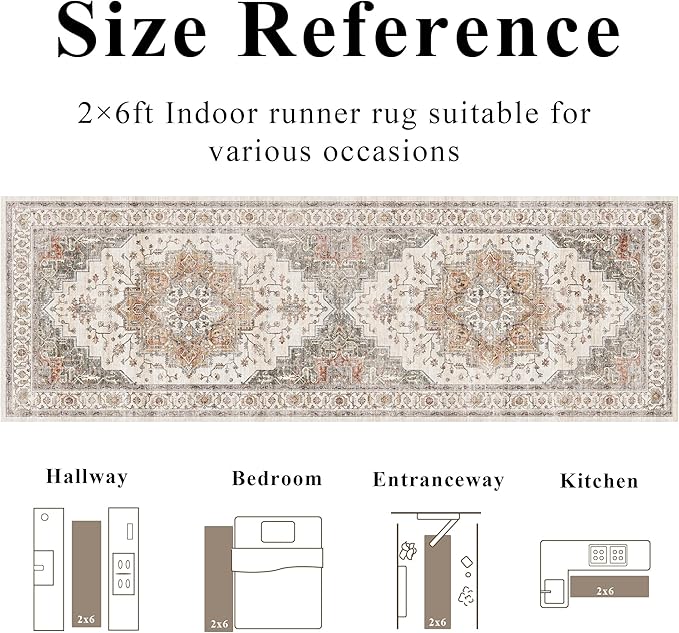 2x6 Vintage Runner Rug Low Pile Runners Non-Slip Machine Washable Rug Retro - Image 8