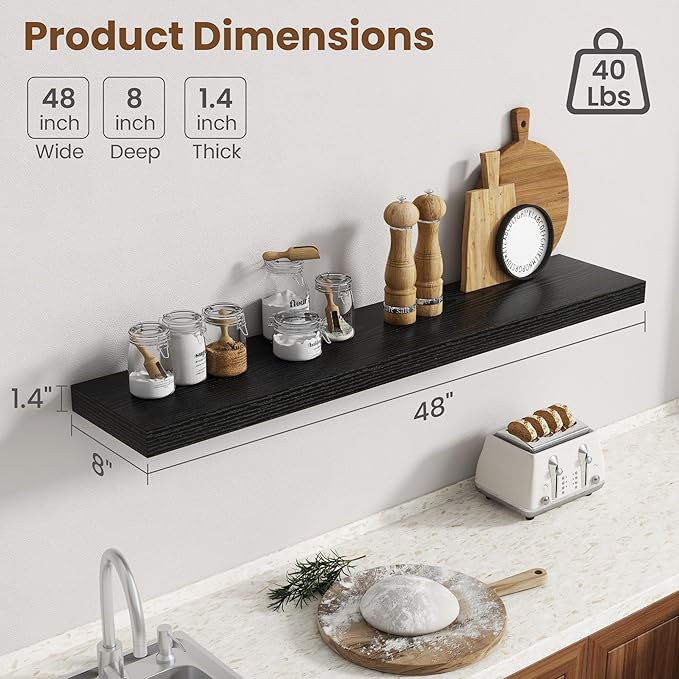 48 Inch Floating Shelves for Wall, 8 Inch Deep Floating Shelf for Storage & - Image 3