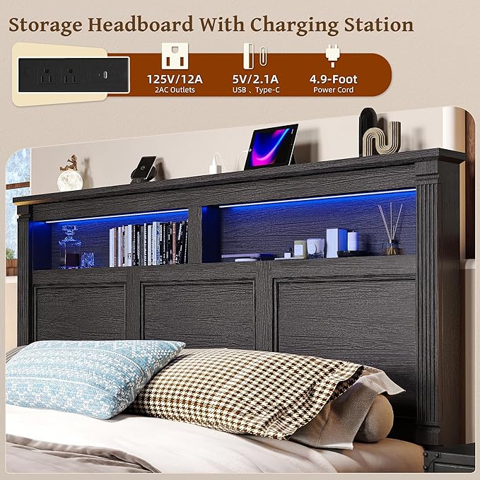 53" Tall King Bed Frame with Headboard and Storage, 2 Drawers and LED Built in - Image 3