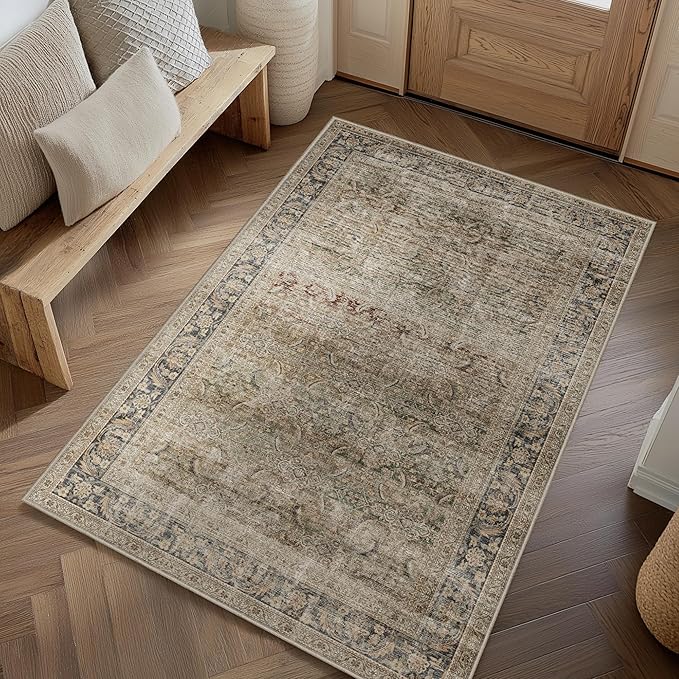 FMFUNCTEX 4x6 Washable Area Rug Neutral Vintage Brown Distressed Non Slip Low - Image 8