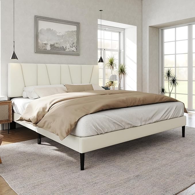 King Size Bed Frame with Fabric Upholstered Headboard, Platform Bed with Wooden - Image 7
