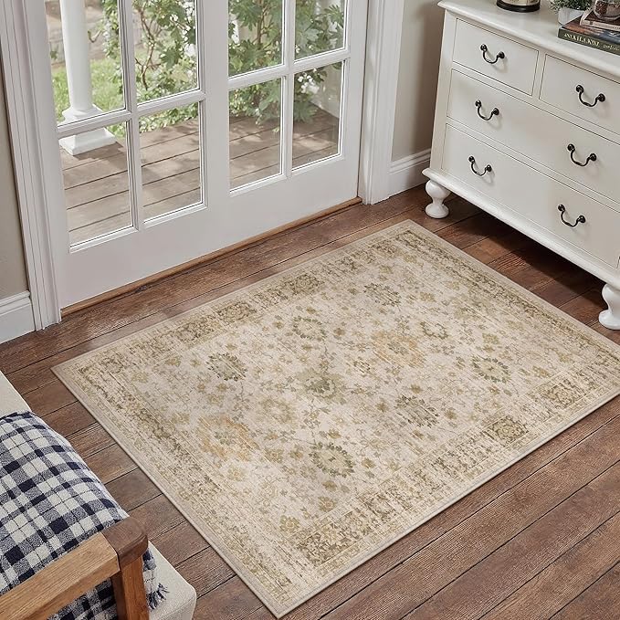 Beige 2x3 Entryway Area Rug Machine Washable Doormat Kitchen Vintage Distressed - Image 3