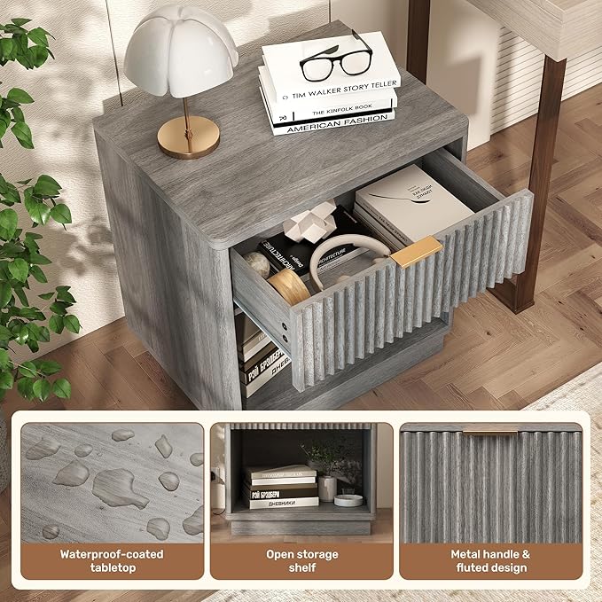 Miereirl Fluted Nightstand Charging Station, Wooden Vintage Night Stands Curved - Image 4