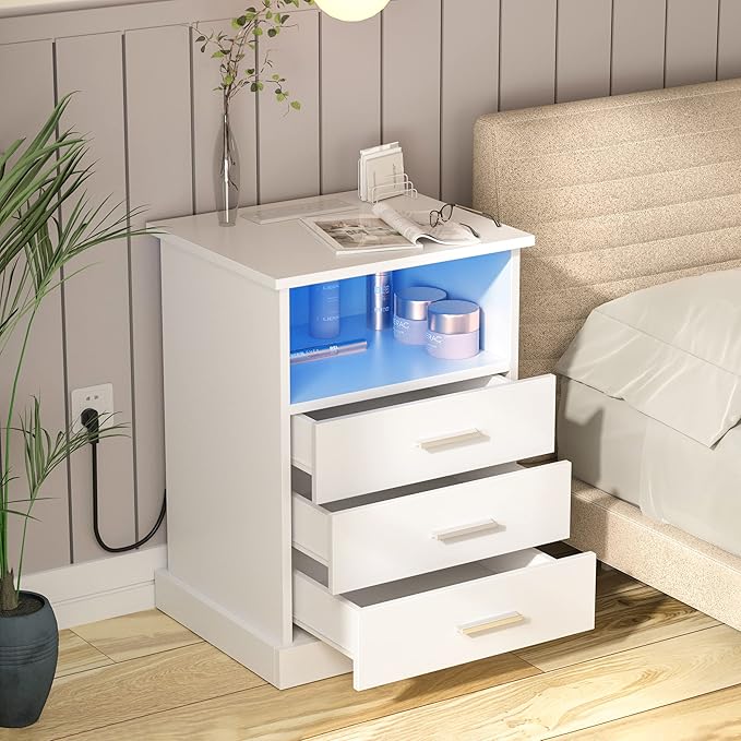 Halitaa Nightstand with Charging Station, LED Lights Side Table with 3 Drawers - Image 2