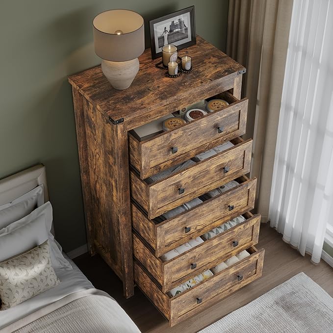 Tall 5-Drawer Dresser, Modern Wooden Storage Chest of Drawers, Dresser TV Stand - Image 4