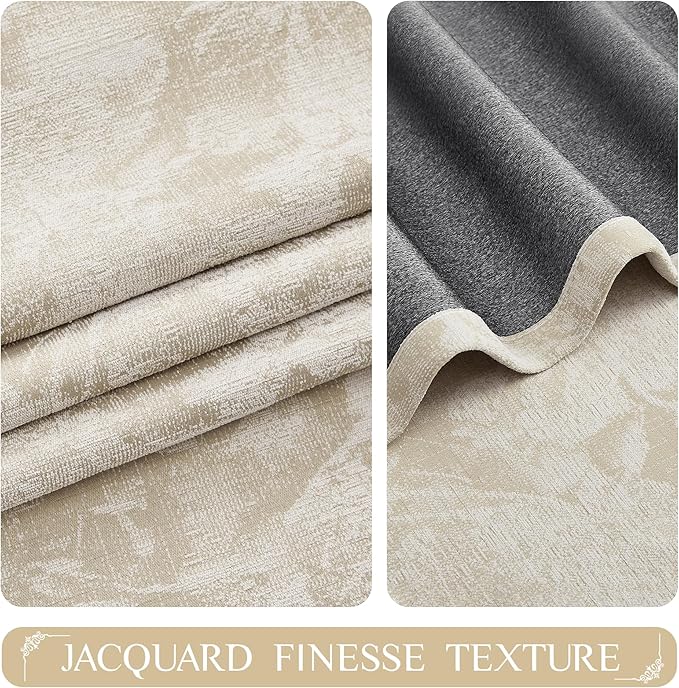Beauoop Beige Floral Jacquard Blackout Curtains 108 Inches Long 2 Panels - Image 3