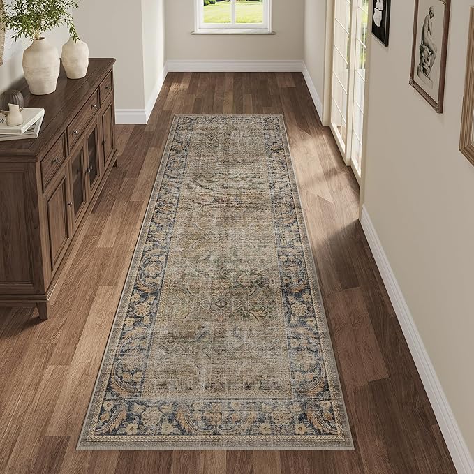 Fmfunctex 2x6 Runner Rug Brown Vintage Neutral Washable Distressed Non Slip Low by Fmfunctex