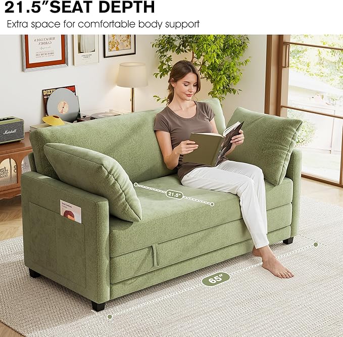 65" Loveseat Sleeper Sofa Bed, Chenille Convertible Floor Sofa Bed - Image 4