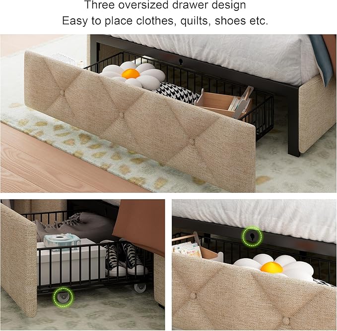 Feonase Twin Bed Frame with 3 Storage Drawers, Upholstered Platform Bed with - Image 3
