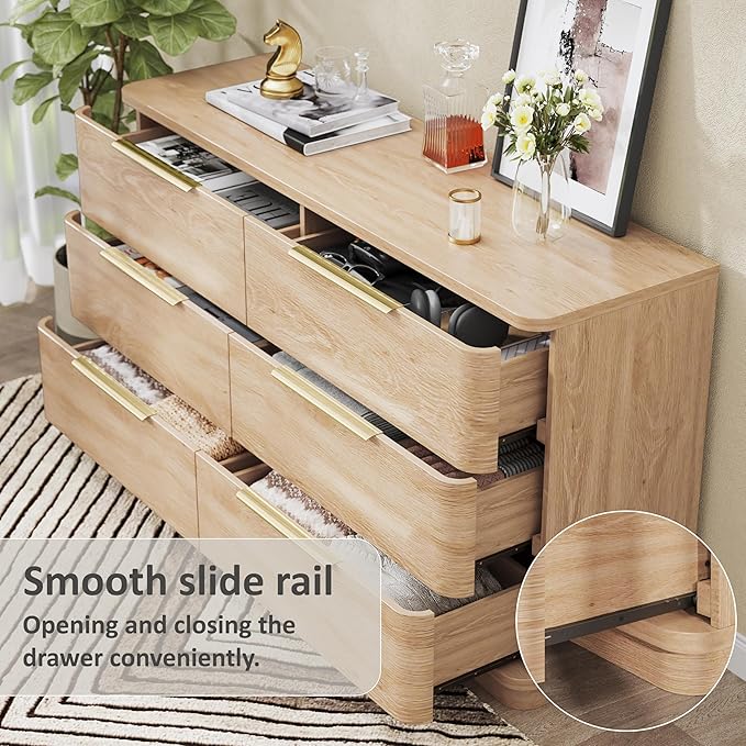 6 Drawer Dresser for Bedroom, Curved Profile Design, Wooden Oak Dresser Closet - Image 3
