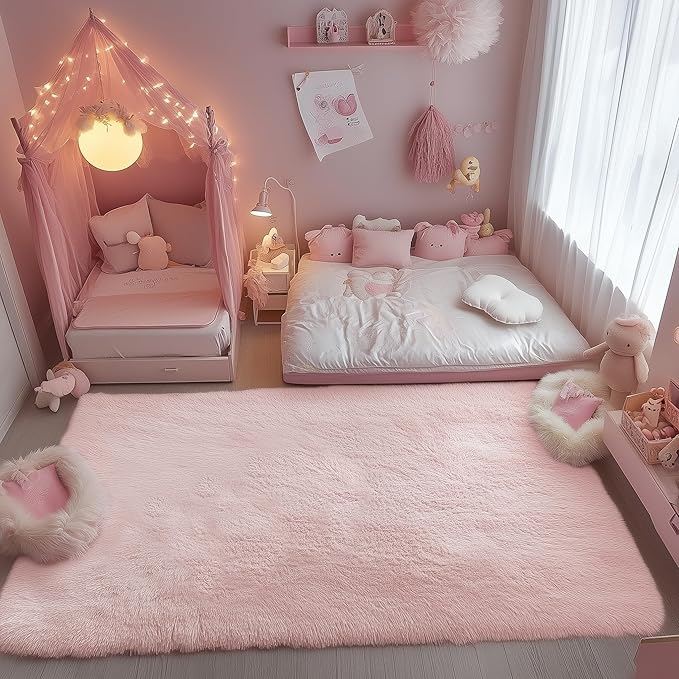 PAGISOFE Pink Fluffy Plush Area Rug 5x8, Kids Shag Rugs - Image 6
