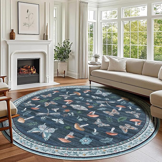 Mushroom Insect 6ft Round Rug Washable Non-Slip Soft Ultra-Thin Boho Circle by ROYHOME