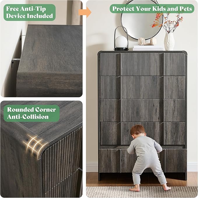 AMERLIFE Fluted 5 Drawer Dresser, Rounded Corners & Anti-Tip Design, Wood - Image 4