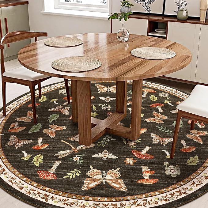 Mushroom Insect 4ft Round Rug Washable Non-Slip Soft Ultra-Thin Small Boho - Image 3