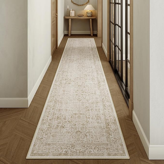 Light Brown Runner Rug 3x12 Hallway Machine Washable Kitchen Vintage Distressed - Image 5