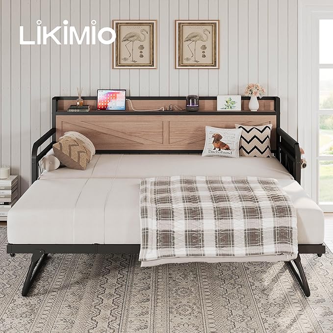 LIKIMIO Twin Daybed with Trundle Bed, Storage Headboard with Charging Station - Image 8