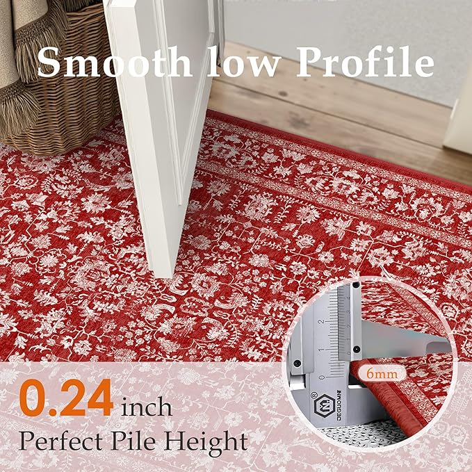 Christmas Area Rug 5x7 Red Washable Living Room Carpet Retro Distressed Floral - Image 2