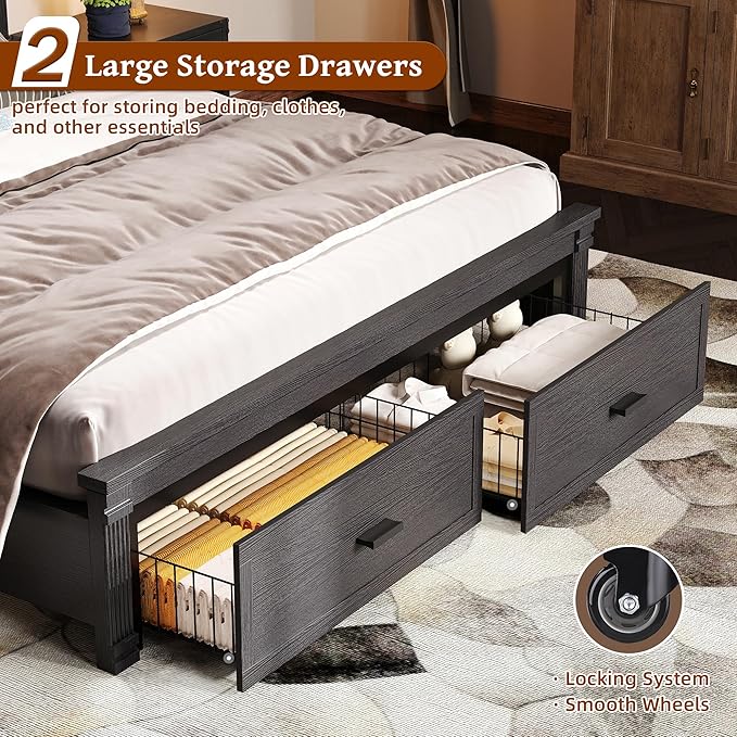 53" Tall King Bed Frame with Headboard and Storage, 2 Drawers and LED Built in - Image 5