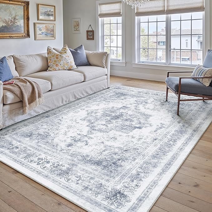 Area Rug 5x7 Washable Blue Rug Vintage Boho Medallion Large Distressed Retro by PureCozy