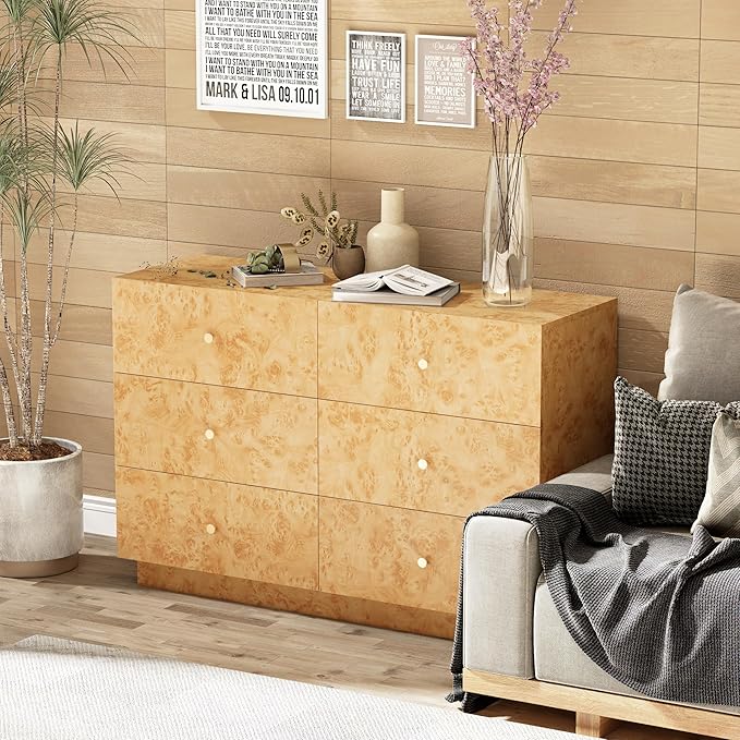 Modern 6 Drawer Dresser with Burl Finish, Wide Wood Chest of Drawers Clothes - Image 7