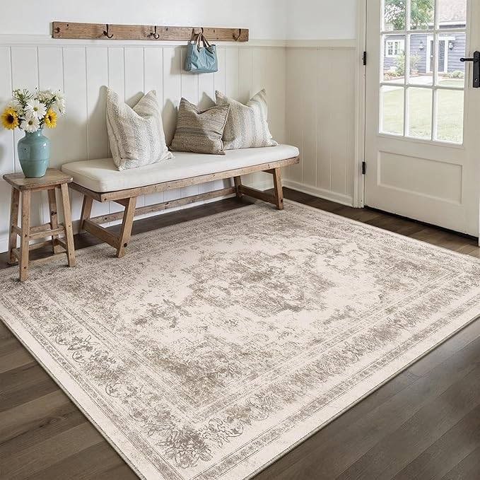 Area Rug 5x7 Beige Washable Living Room Carpet Non Slip Vintage Medallion Low - Image 5