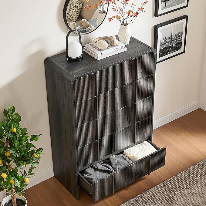 AMERLIFE Fluted 5 Drawer Dresser, Rounded Corners & Anti-Tip Design, Wood by AMERLIFE