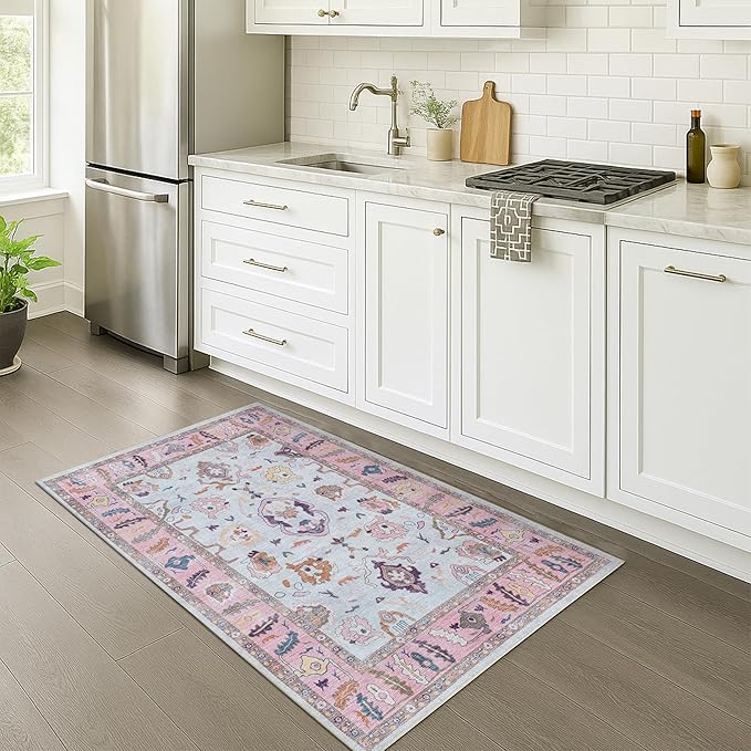 Fame Rugs Pink Beige Modern Oushak Rug 3x5, Washable Vintage Turkish Colorful by FameRugs