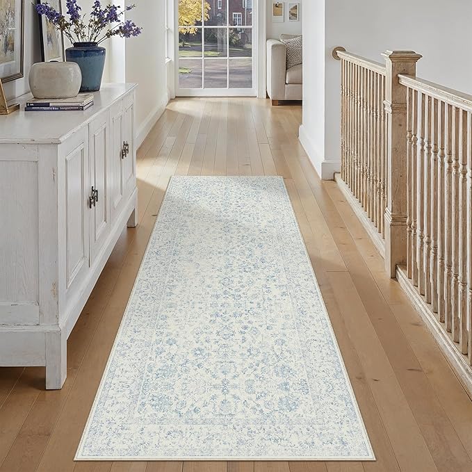 3x8 Blue Runner Rug Hallway Non Slip Kitchen Vintage Distressed Long Carpet by PureCozy