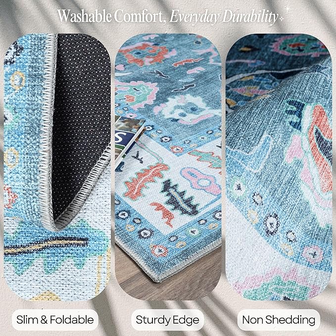 Fame Rugs Teal Modern Oushak Rug 2'6"x7', Washable Vintage Turkish Colorful - Image 3