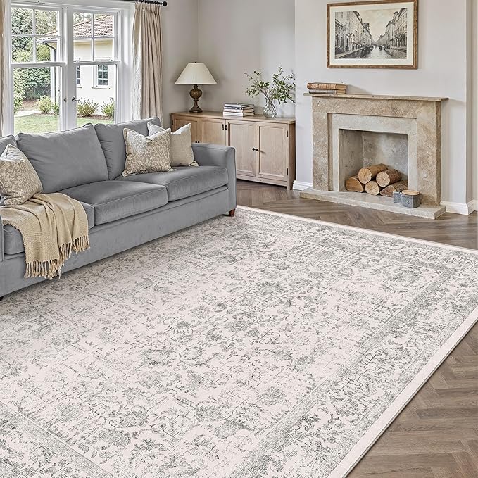 Gray Area Rug 9x12 Machine Washable Large Vintage Living Room Distressed Non - Image 5
