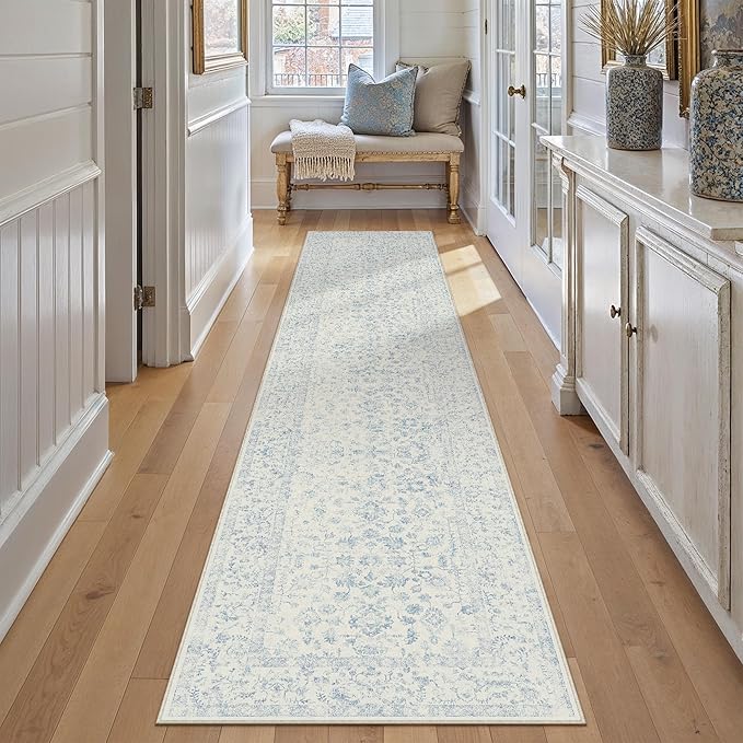 2x10 Blue Runner Rug Hallway Non Slip Kitchen Vintage Distressed Long Carpet - Image 3