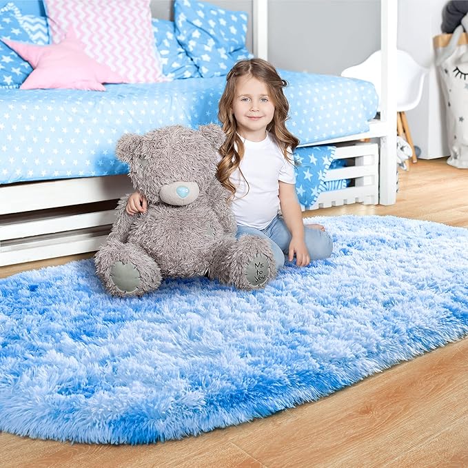 Noahas Oval Fluffy Blue Rainbow Rug 2.6X5.3 Small Kids Rugs - Image 2