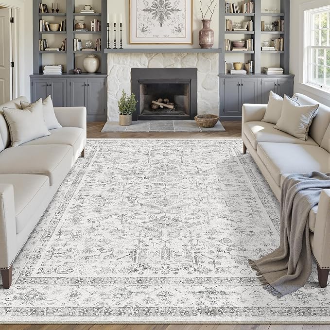 Grey 8x10 Area Rug Vintage Washable Living Room Carpet Non Slip Bedroom Indoor by PureCozy
