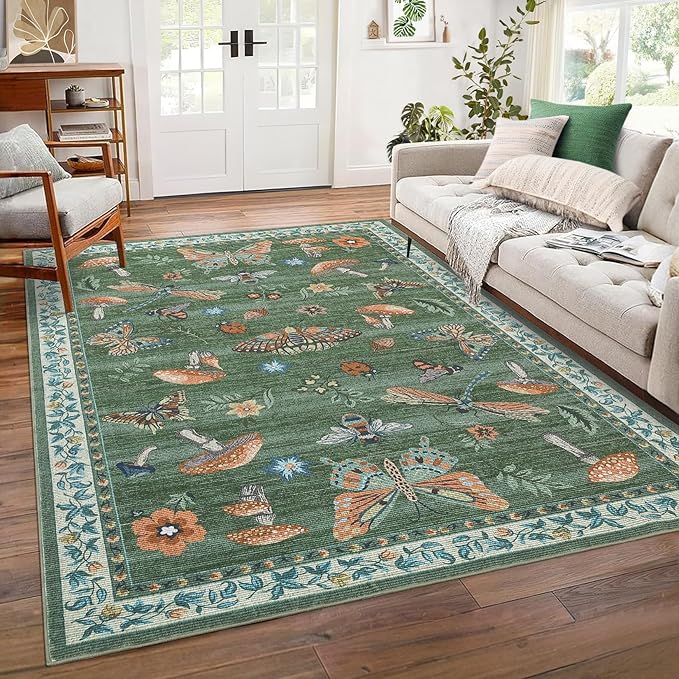 Washable Rug 9x12 Area Rugs for Living Room, Mushroom Insect for Bedroom by ROYHOME