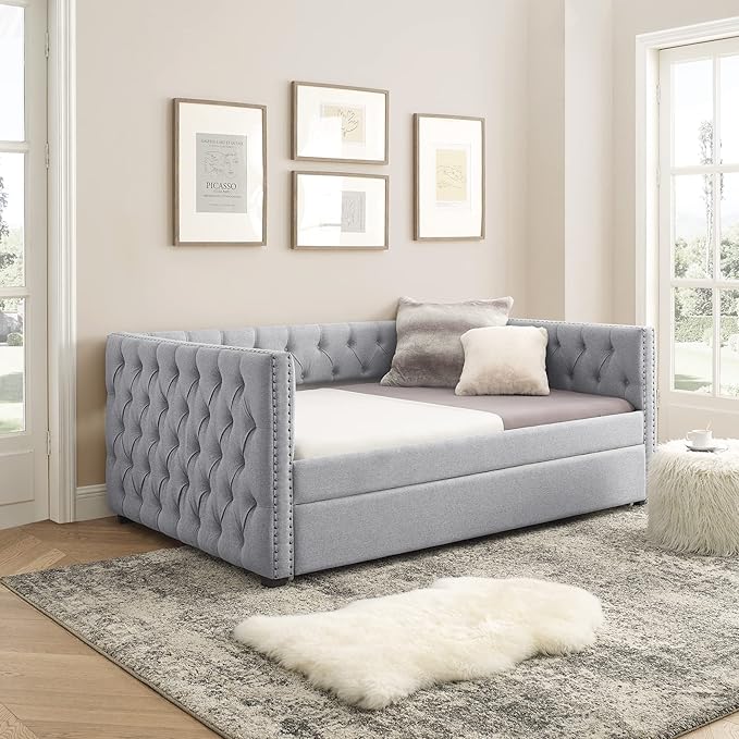Daybed with Trundle, Modern Upholstered Full Size Day Bed Button-Tufted Sofa - Image 3