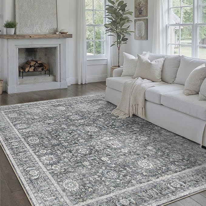 Blue 8x10 Area Rug Non Slip Large Vintage Living Room Distressed Machine - Image 8