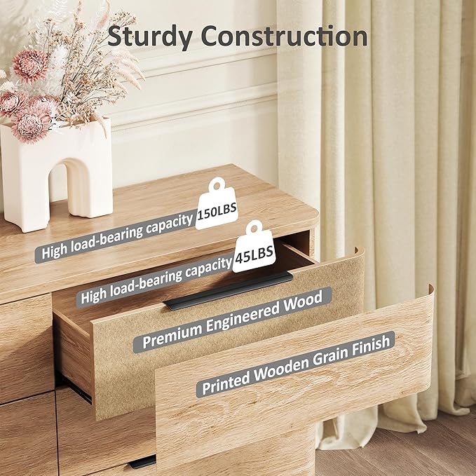 6 Drawer Dresser for Bedroom, Curved Profile Design, Wooden Oak Dresser Closet - Image 11