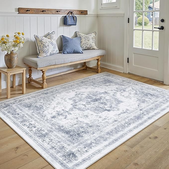 Area Rug 5x7 Washable Blue Rug Vintage Boho Medallion Large Distressed Retro - Image 5