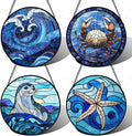 DASTOLL Stained Glass Window Hanging 4 Pcs Set Blue Ocean Waves Large 15" by DASTOLL