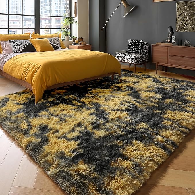 PAGISOFE Black and Yellow Fluffy Shag Area Rugs - Image 4